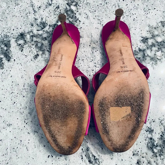 Manolo Blahnik Mulussanhan Mules Sandals Satin Crystal Buckle Pink Size 38.5 - Picture 15 of 16